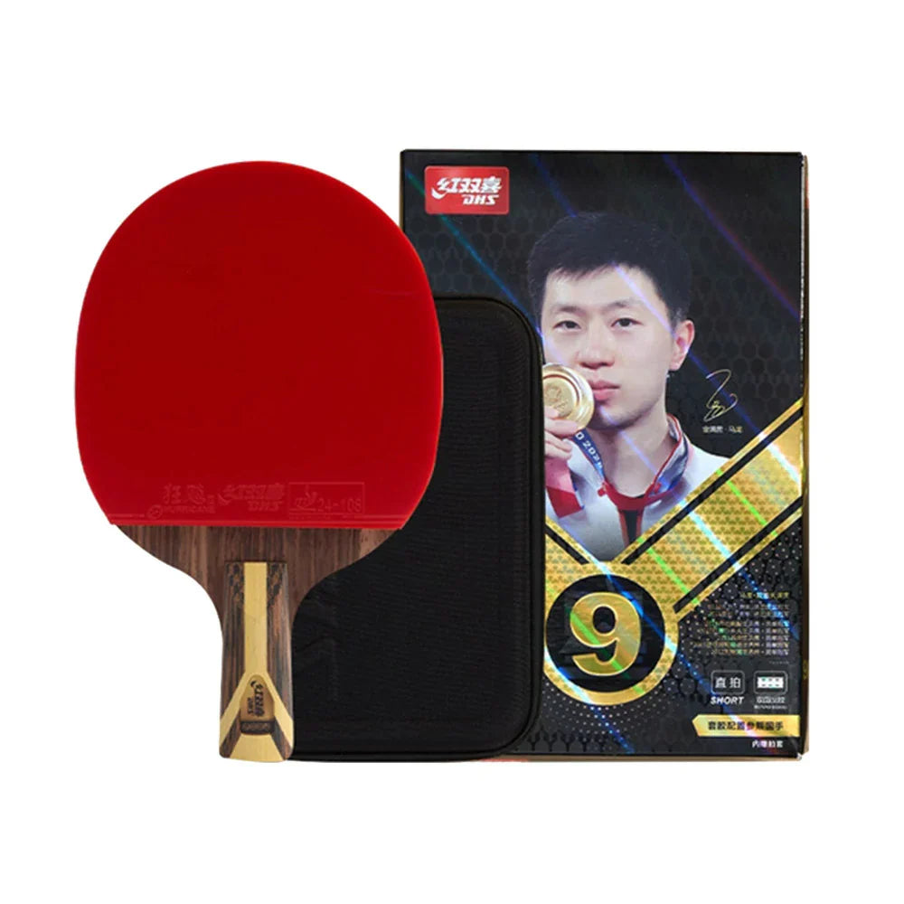 DHS 9-Star Penhold Table Tennis Paddle Set -PRO Arylate-Carbon Blade with Hurricane 3 and Hurricane 8 Rubbers, Faster Speed and Strong Spin, Includes 6 Balls and Case -Red