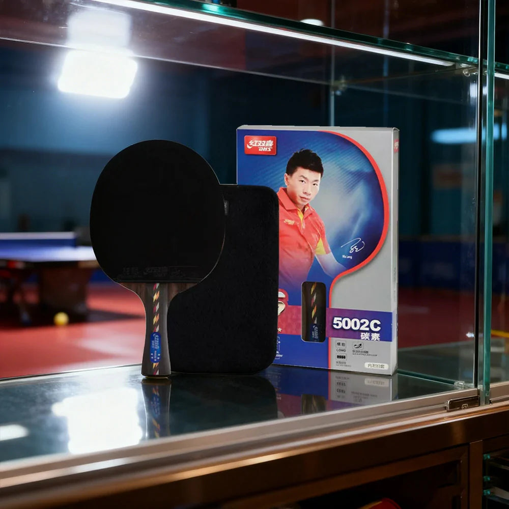 DHS R5002C 5-Star Carbon Shakehand Table Tennis Paddle Set -Comes with 6 Balls and Carry Case, Explosive Spin and High-Speed Offensive Play -Black