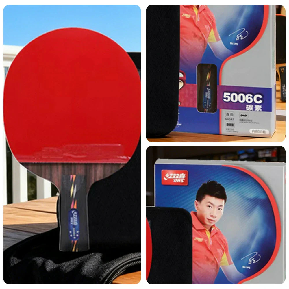 DHS R5006C 5-Star Carbon Penhold Table Tennis Paddle Set -Supplied with 6 Balls and Case, Strong Spin Performance and Rapid Attacking Speed -Red