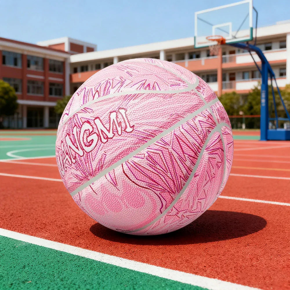 DUNK MASTER Basketball Bladder Durable Moisture-Wicking Non-Slip, - Butyl - 3D 7# Leather, Rebound, Quick Luminous - Logo Red&Pink