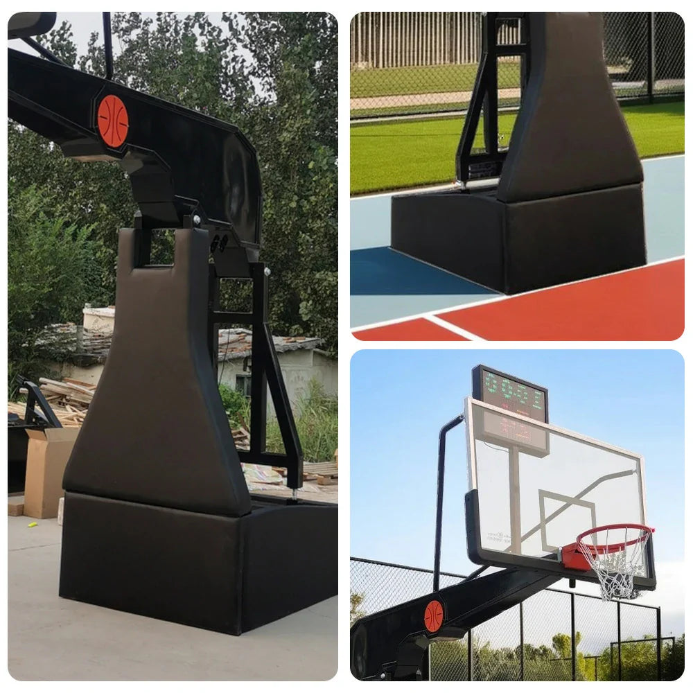 DUNK MASTER Backboard, Triple-Spring Glass Rim - Electric Lift, Design 12mm Basketball Hoops Tempered Safety Rim, Court-Grade 3.05m with Padding