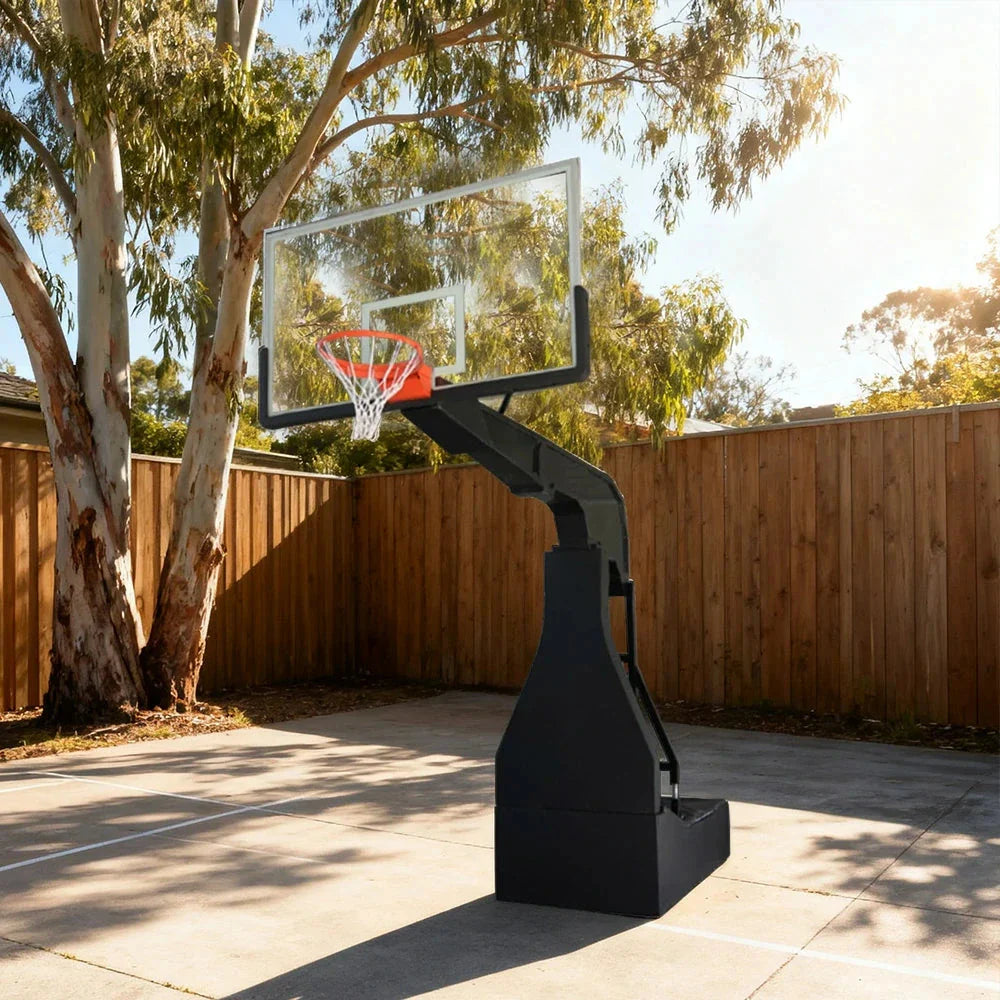 DUNK MASTER Glass Design Easy Lift, Basketball Hoops - Height, Foldable Backboard, 3.05m Hydraulic 10mm Rim Tempered Electric Mobility