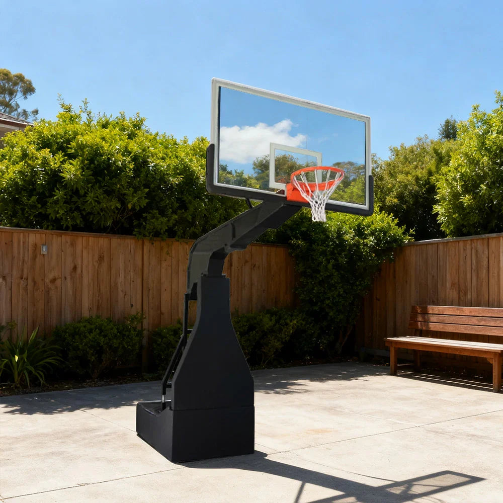 DUNK MASTER Glass Design Easy Lift, Basketball Hoops - Height, Foldable Backboard, 3.05m Hydraulic 10mm Rim Tempered Electric Mobility