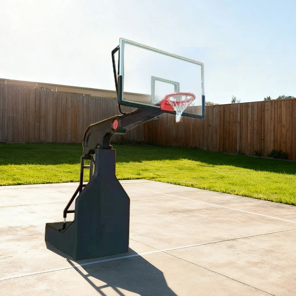 DUNK MASTER Lift, Hydraulic Basketball Tempered 3.05m Height, Competition Full-Size - Rim Glass 10mm Standard Backboard, Manual Hoops Design