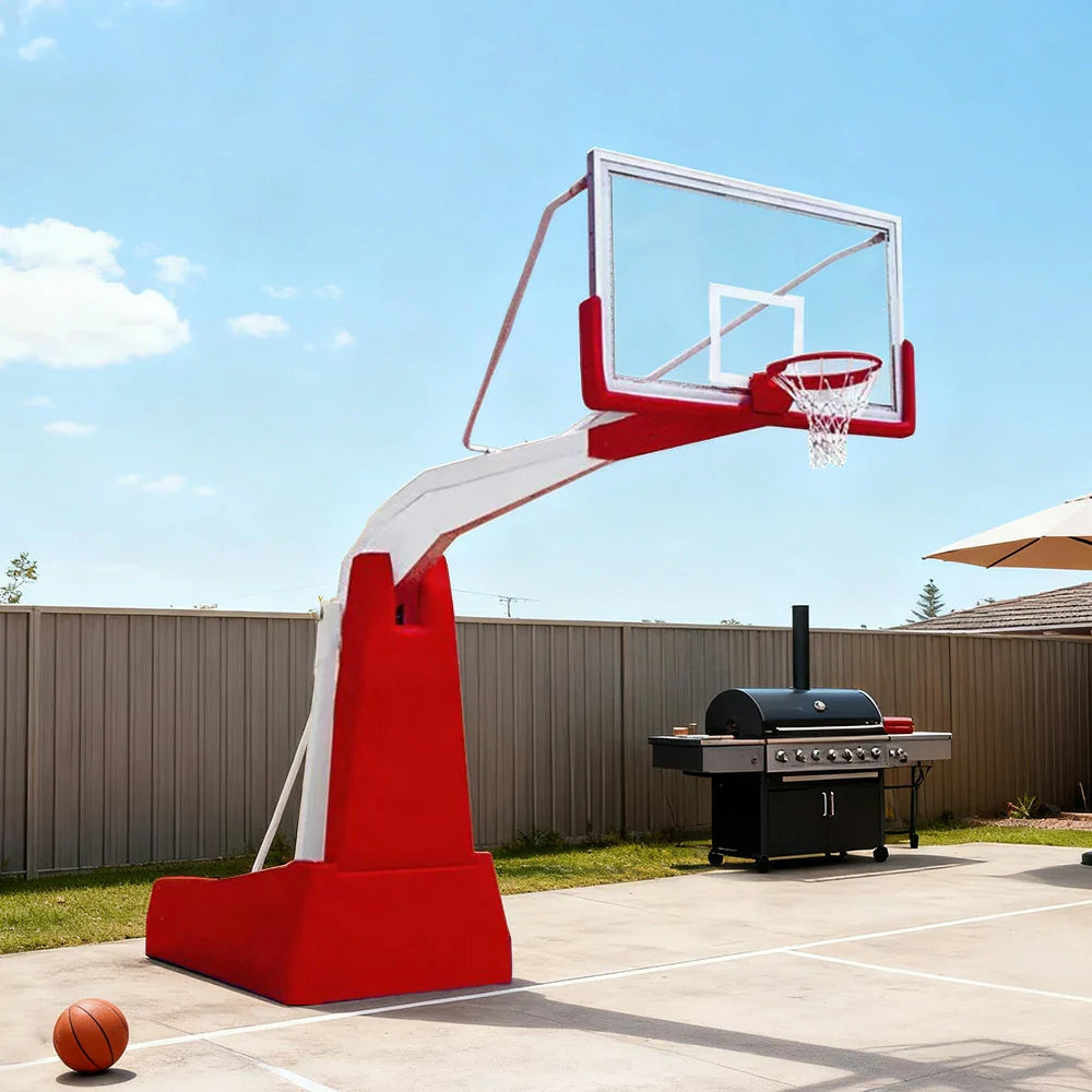 DUNK MASTER Manual - Backboard, Basketball Base - Tempered 3.05m Heavy-Duty Hydraulic Rim Glass Lift, 10mm Height, Stability Durable for Hoops Red