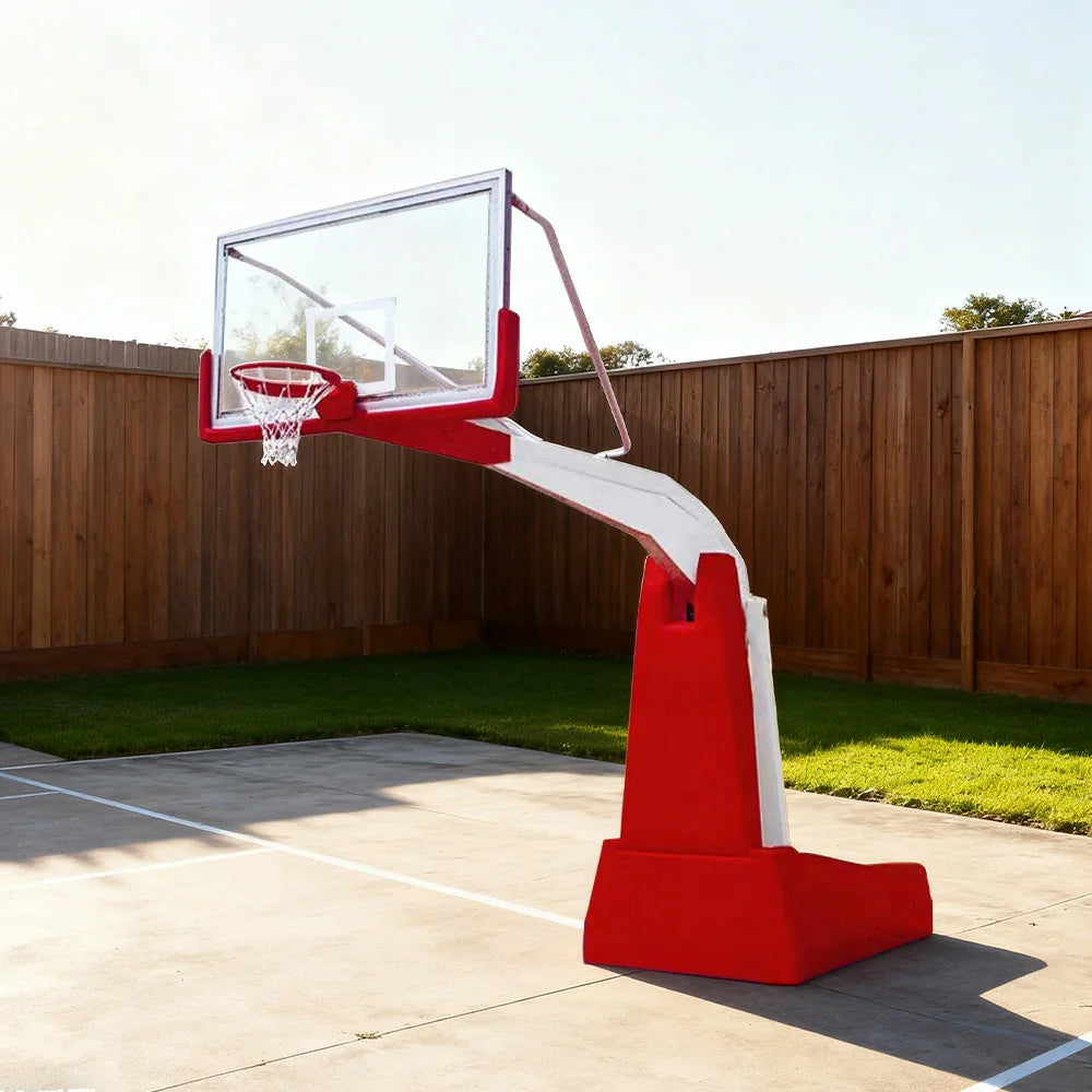 DUNK MASTER Manual - Backboard, Basketball Base - Tempered 3.05m Heavy-Duty Hydraulic Rim Glass Lift, 10mm Height, Stability Durable for Hoops Red