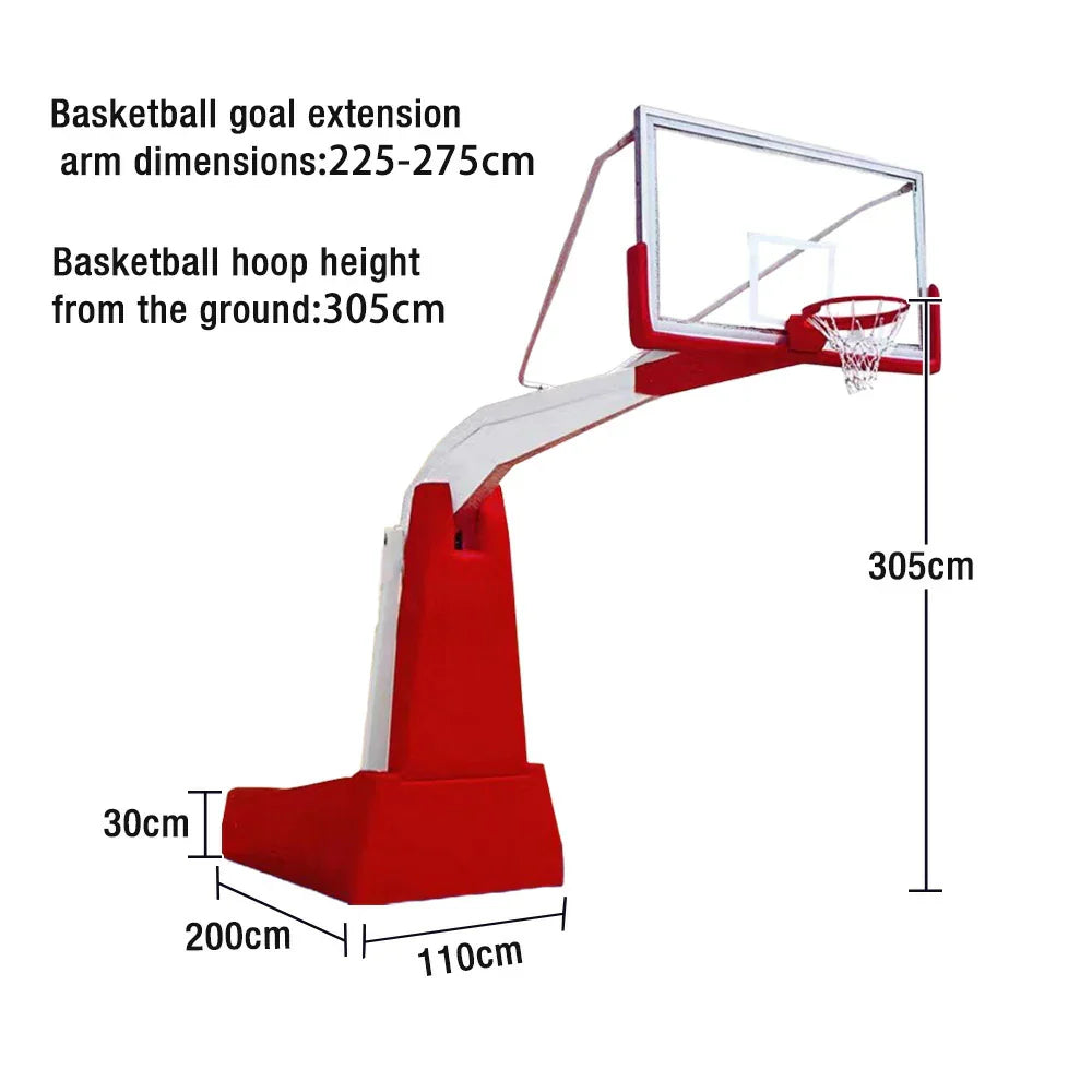 DUNK MASTER Manual - Backboard, Basketball Base - Tempered 3.05m Heavy-Duty Hydraulic Rim Glass Lift, 10mm Height, Stability Durable for Hoops Red
