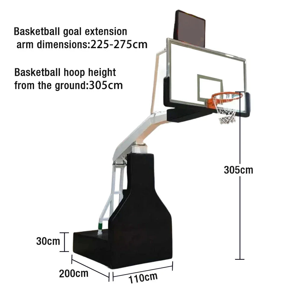 DUNK MASTER Height, Rim Manual Rim - Tempered Lift, Basketball 10mm Safety Backboard, Hoops Triple-Spring - Hydraulic Padding 3.05m Glass Black