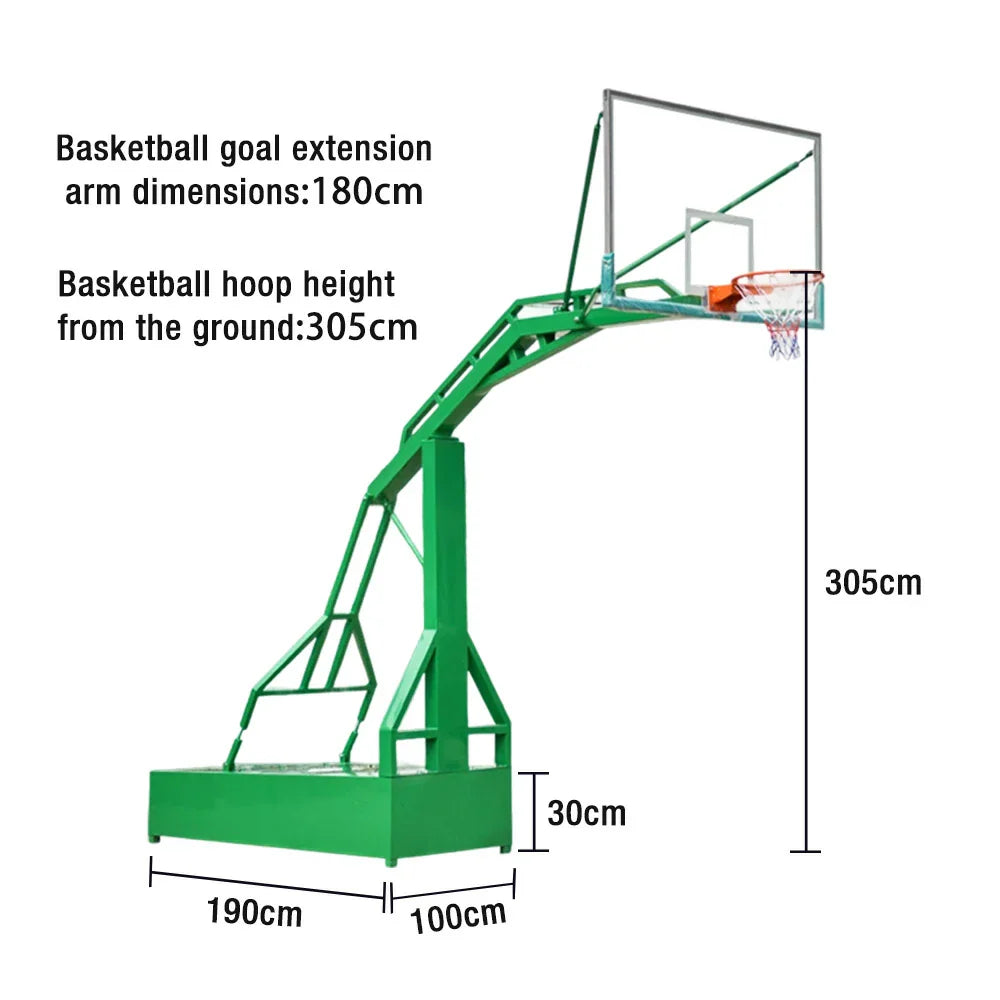 DUNK MASTER Backboard Alloy Frame, Hoop - Outdoor Height Aluminium Rim Glass with Dunk-Support Tempered Dual-Spring Rim, Basketball 3.05m Green
