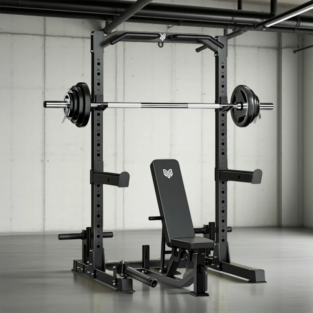 MERIDIAN Multi-Function - Height Space-Saving 19 with Pull-Up, Press, Rack Design - Bench Levels, Power Squat, Bench Black
