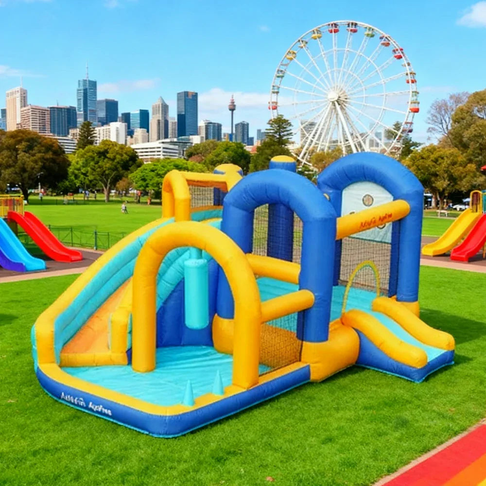 GAMEON Dual Slide PVC Inflatable Bounce Castle with Blower and Combo Yellow Blue Slide Design
