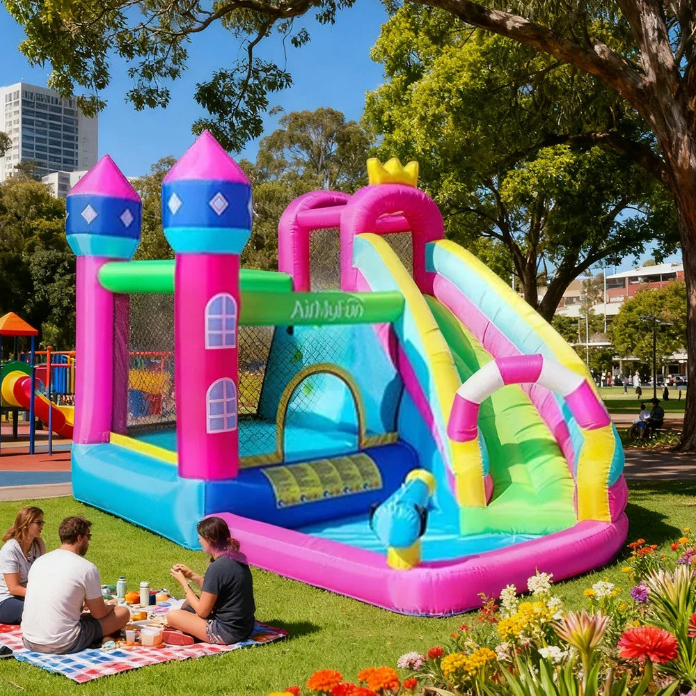 GAMEON Princess Castle PVC Inflatable Bounce House with Blower - Pink & Blue Fantasy Design