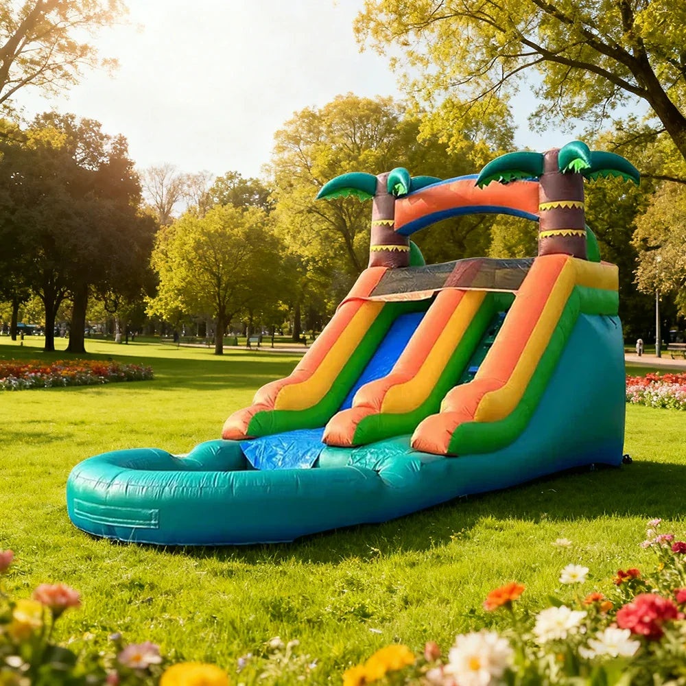GAMEON Large Style Wave Green-Yellow Tropical - Blower with Build PVC Castle Bounce Inflatable Slide Water