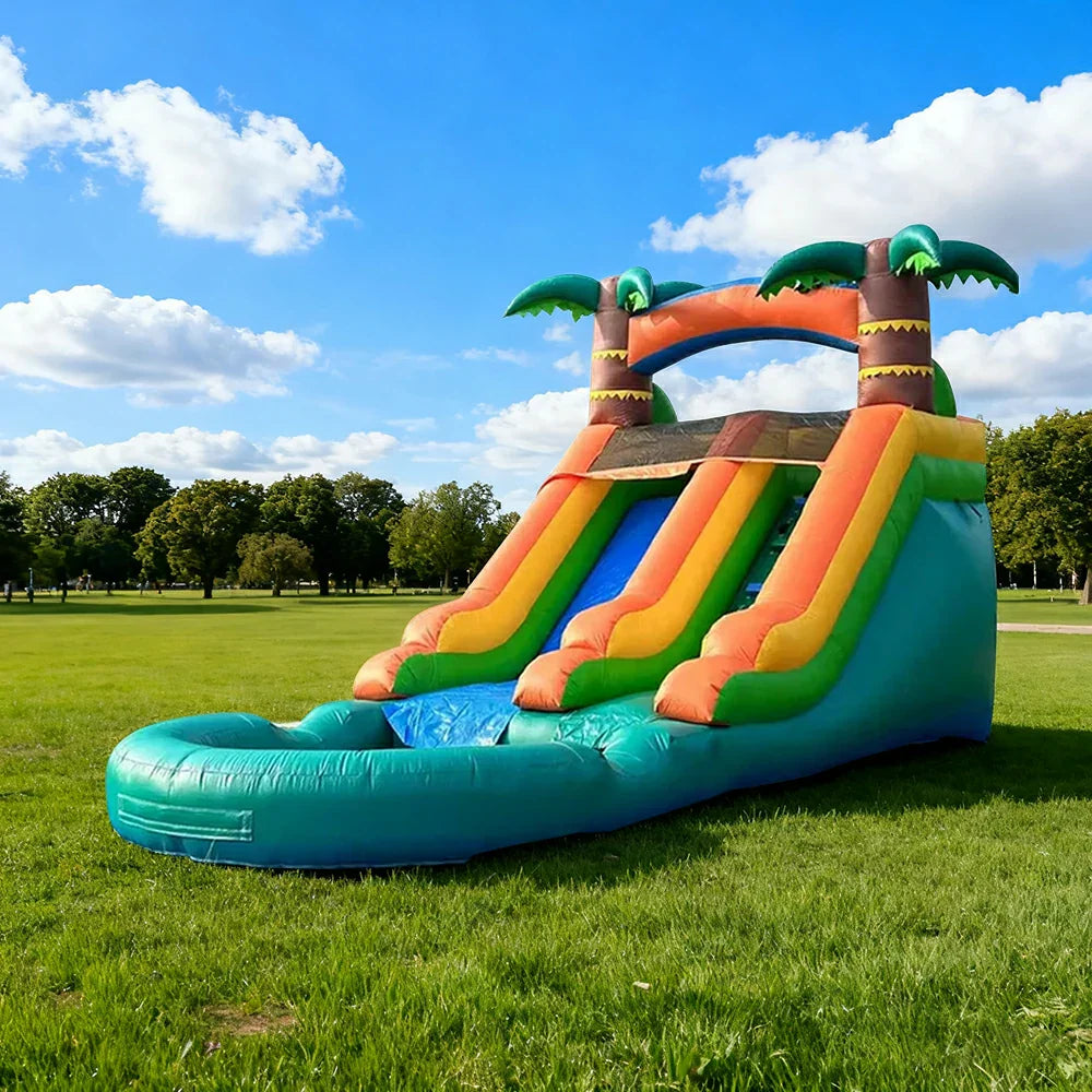 GAMEON Large Style Wave Green-Yellow Tropical - Blower with Build PVC Castle Bounce Inflatable Slide Water