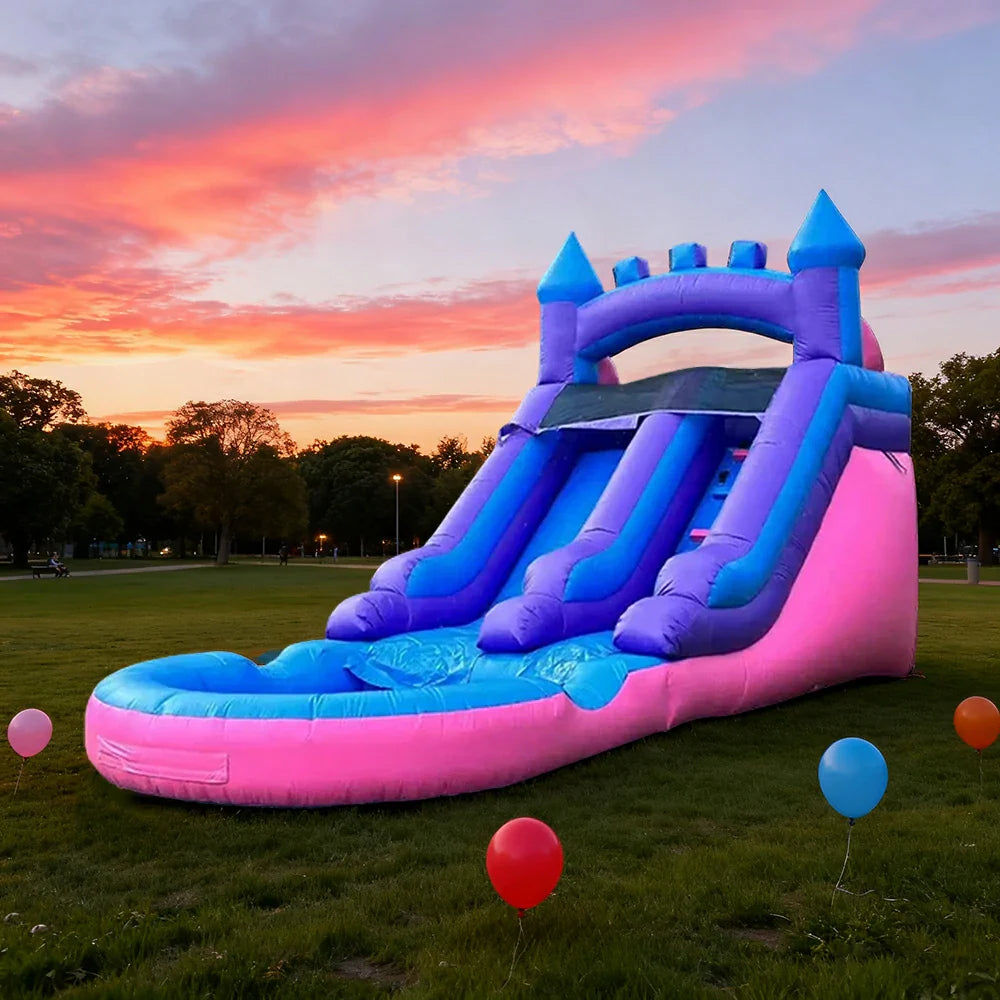 GAMEON Large Style Wave Blue-Pink Tropical - Blower with Build PVC Castle Bounce Inflatable Slide Water
