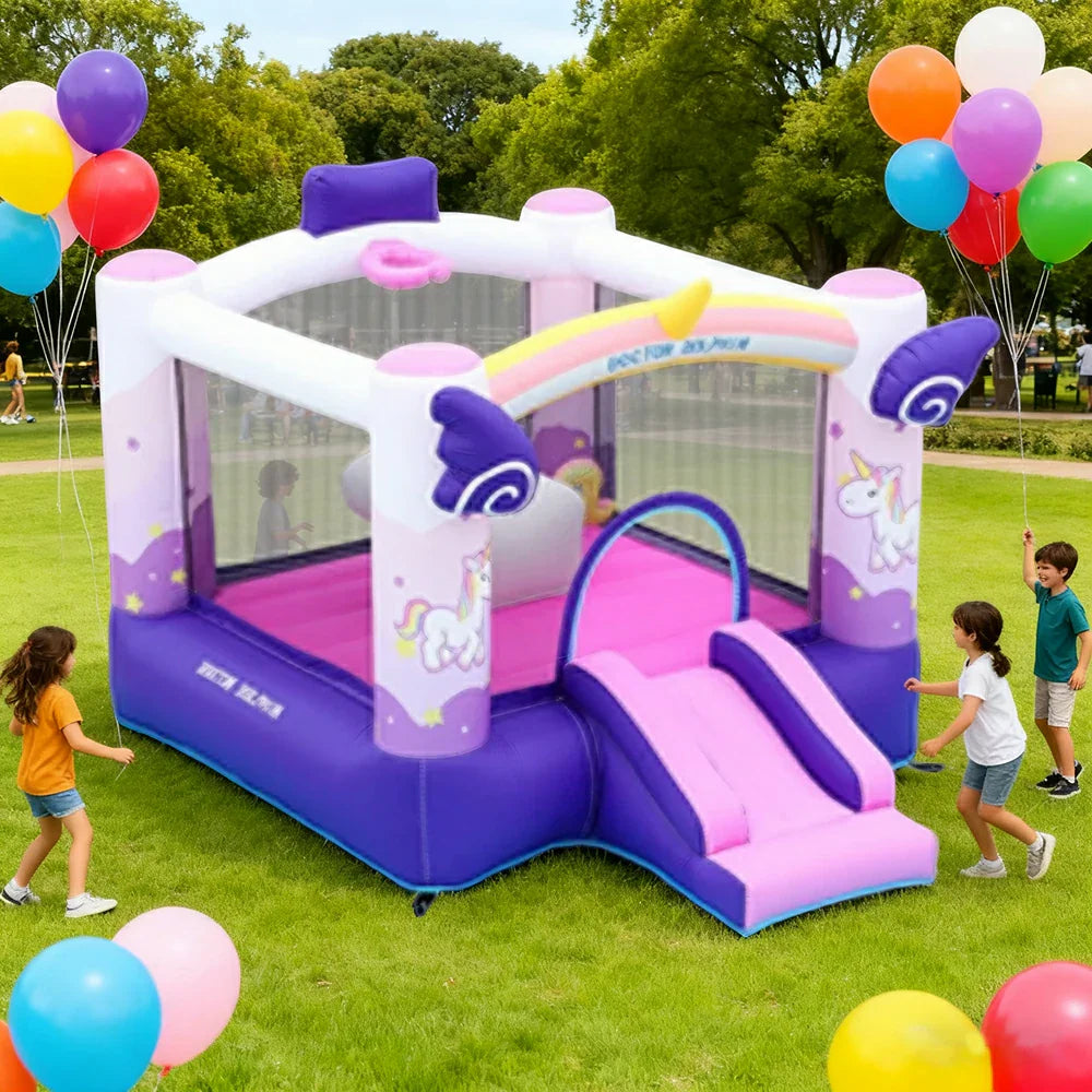 GAMEON Inflatable Style Slide Fantasy Rainbow Unicorn - Blower with Build PVC Castle Bounce