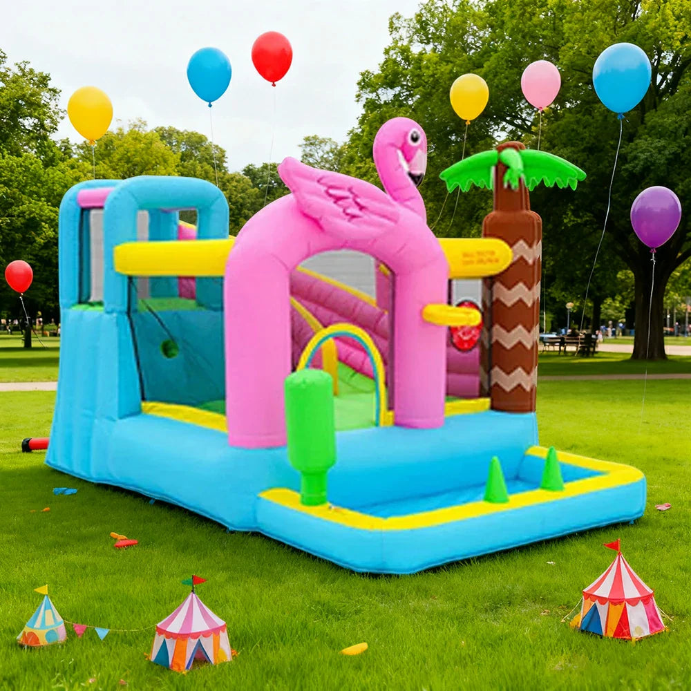 GAMEON Inflatable Bounce Castle PVC Build with Blower Flamingo Design Compact Size