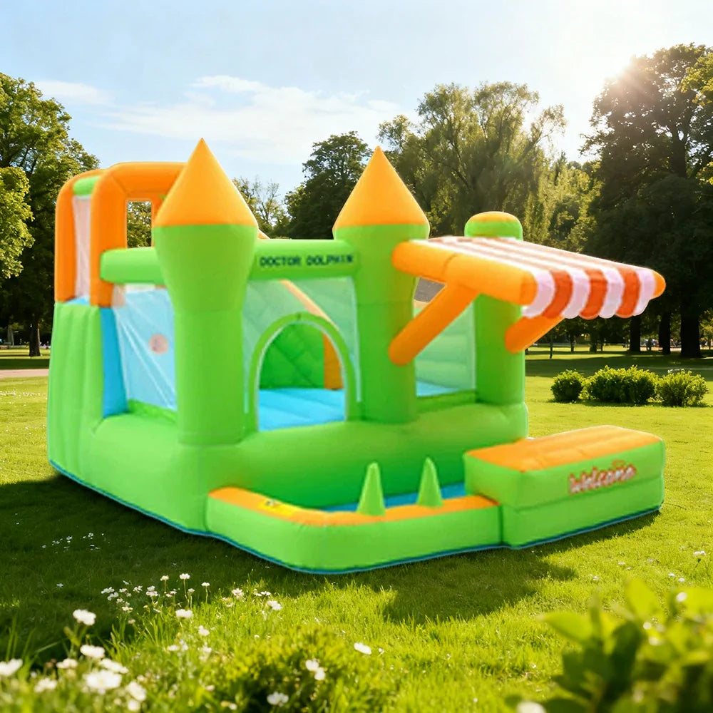 GAMEON Inflatable Bounce Castle PVC Build with Blower Green Castle with Awning Kid-Friendly Design