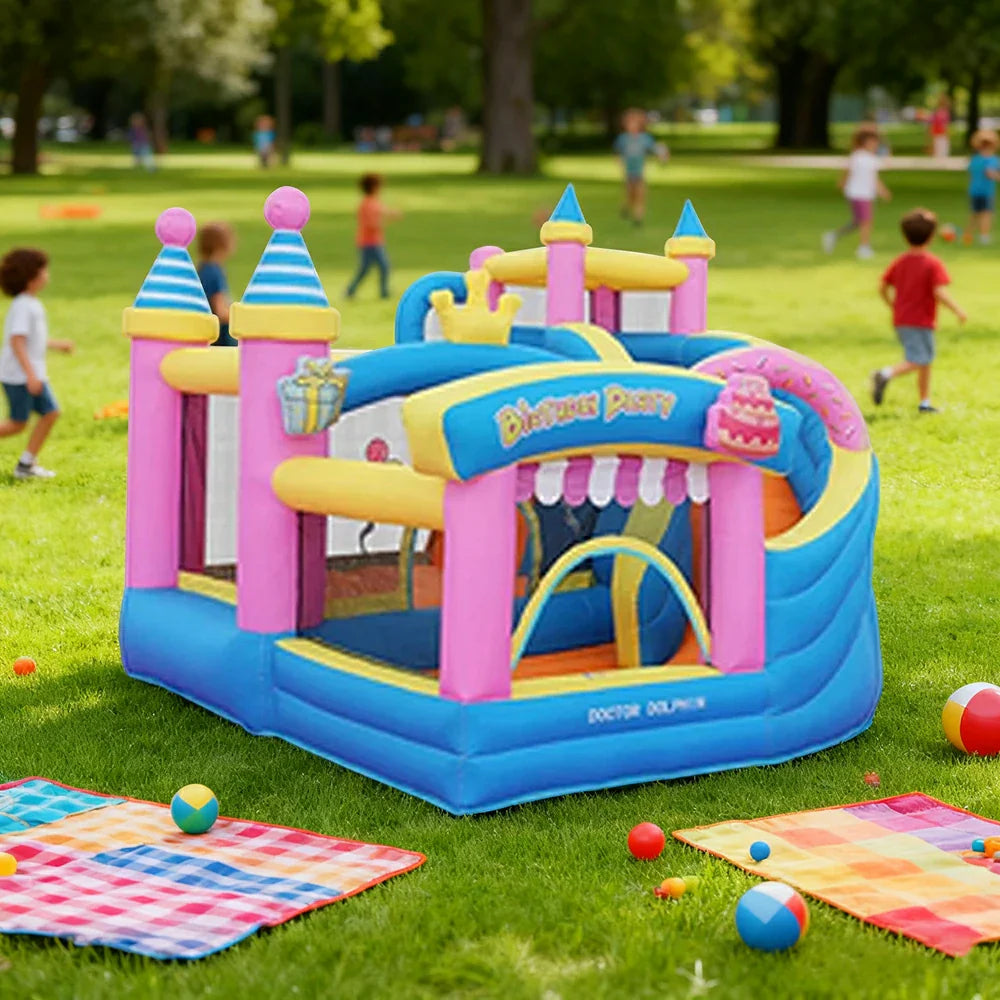 GAMEON Inflatable Bounce Castle PVC Build with Blower Birthday Party Theme with Cake and Gift Design