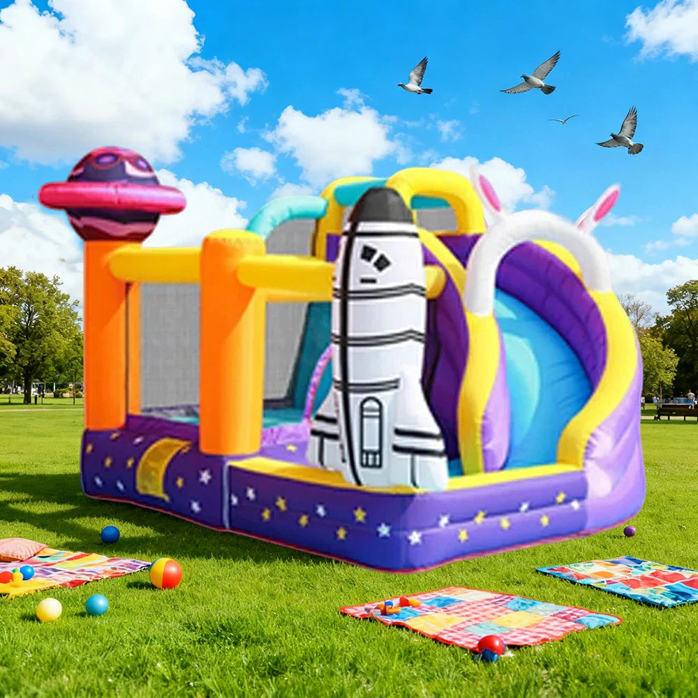 GAMEON Inflatable Bounce Castle PVC Build with Blower Space Theme with Rocket and UFO