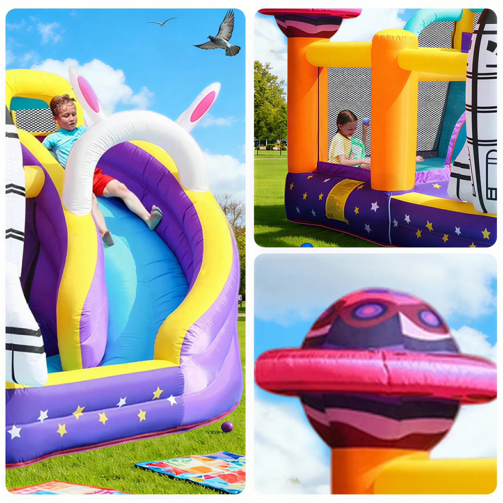 GAMEON Inflatable Bounce Castle PVC Build with Blower Space Theme with Rocket and UFO