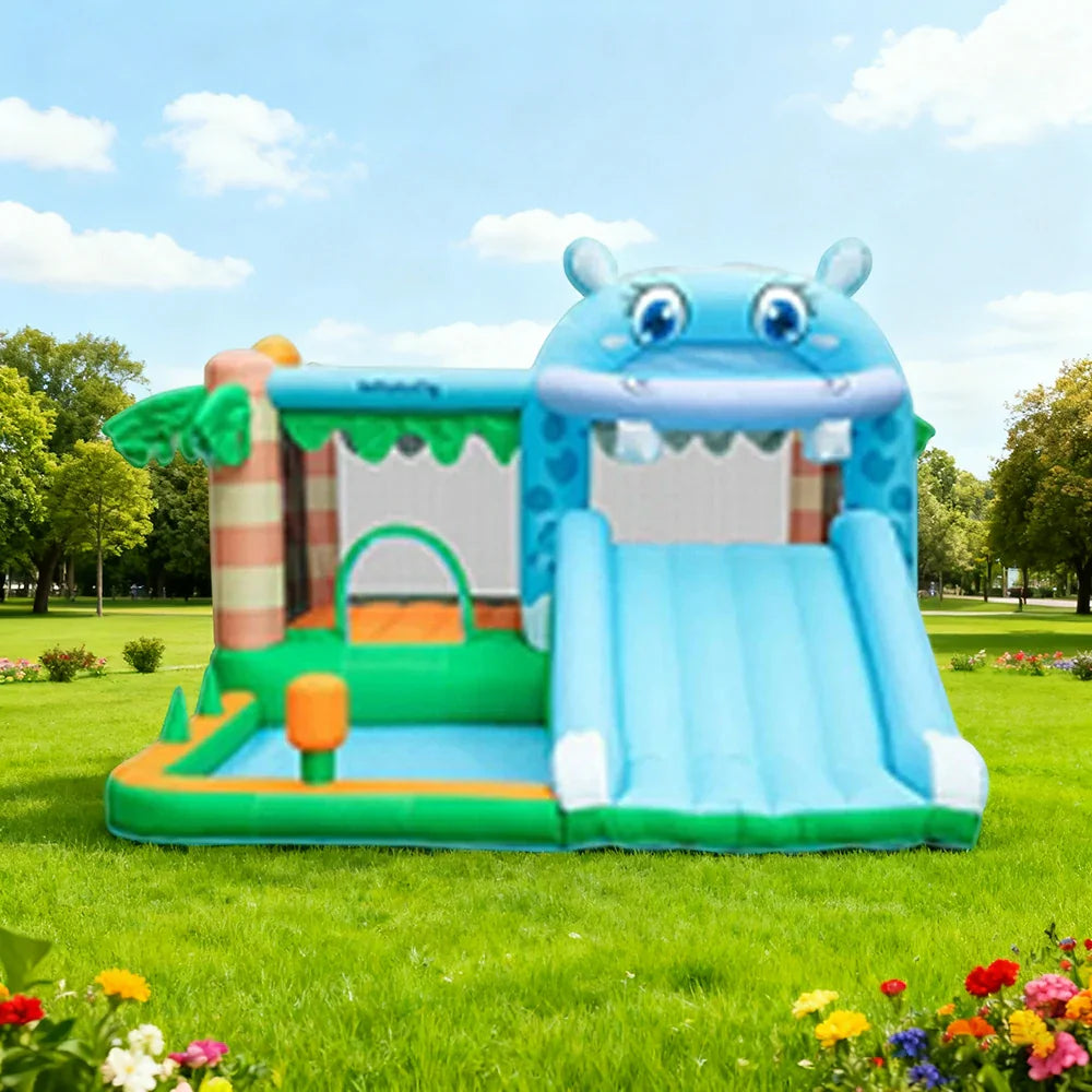 GAMEON Inflatable Bounce Castle PVC Build with Blower Hippo Castle Theme with Slide
