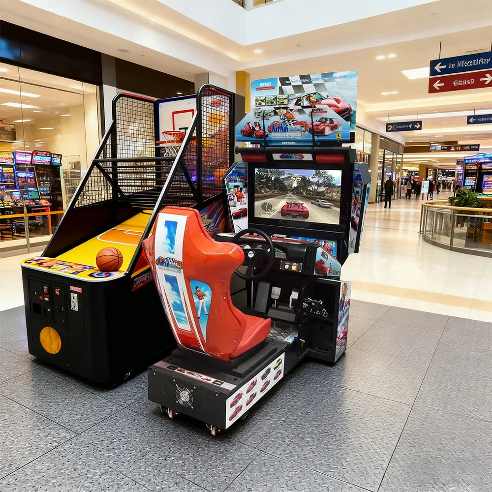 GAMEON Panorama Racing Arcade Machine 42 Metal Dynamic Screen HD & Immersive Driving Steering Inch Plastic Experience Power System Cabinet 350W Red