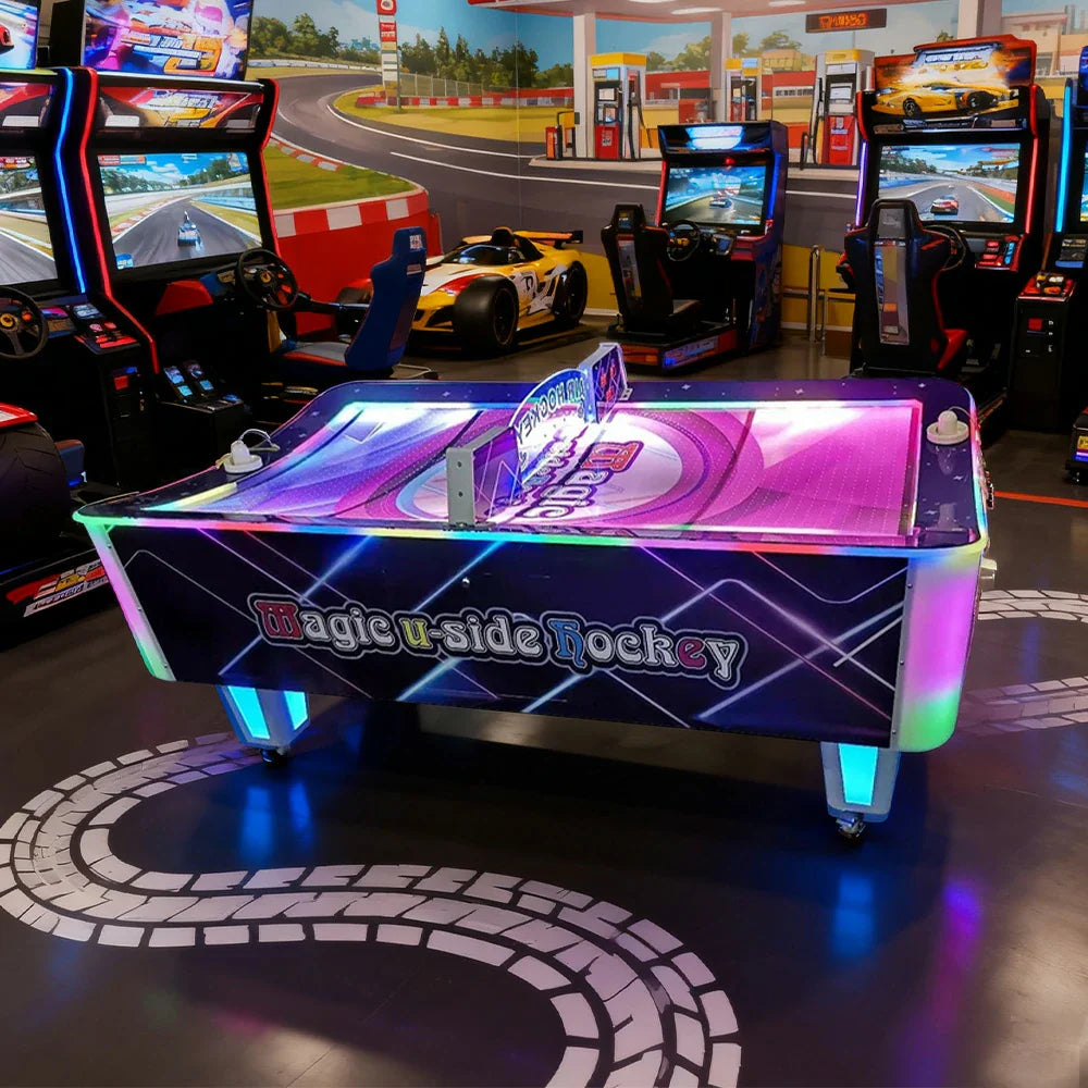 GAMEON Curved Air Hockey Table LED Lighting Wood & Acrylic Frame 250W Power Smooth Playfield Two Game Player Arcade Purple