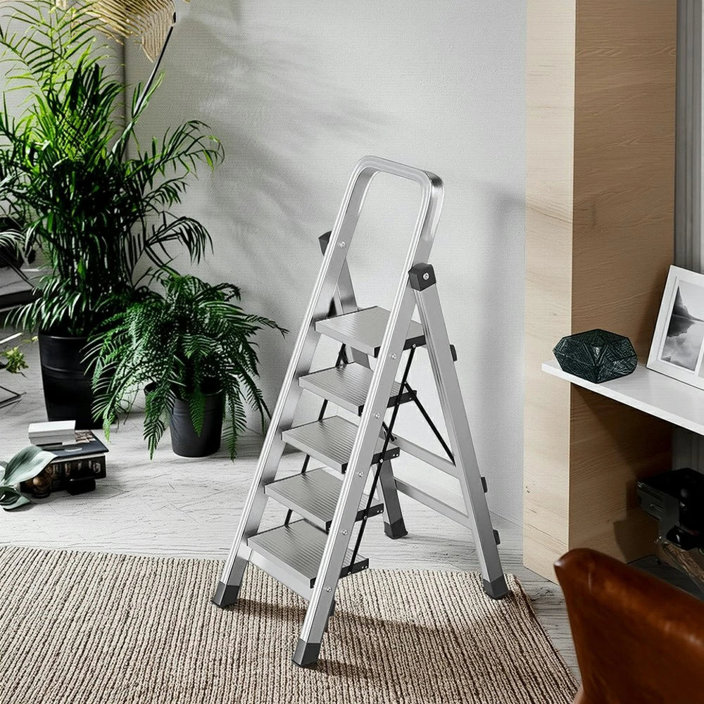 GROVIA 5/6/7/8-Step Slim - 18cm Design, Pedal, Non-Slip Aluminium Folding Feet Ladder Anti-Slip 6cm Wide Silver