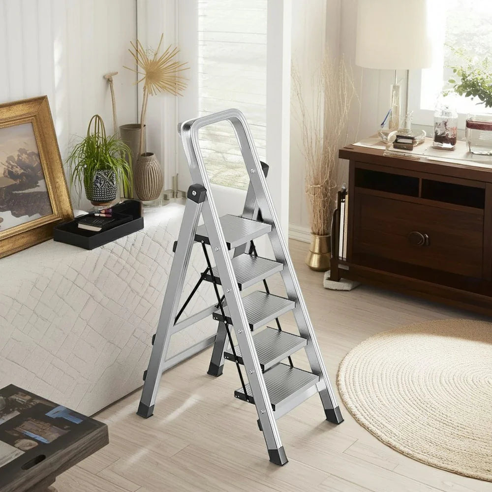GROVIA 5/6/7/8-Step Slim - 18cm Design, Pedal, Non-Slip Aluminium Folding Feet Ladder Anti-Slip 6cm Wide Silver
