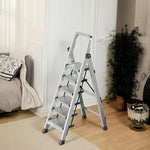 GROVIA 5/6/7/8-Step Slim - 18cm Design, Pedal, Non-Slip Aluminium Folding Feet Ladder Anti-Slip 6cm Wide Silver