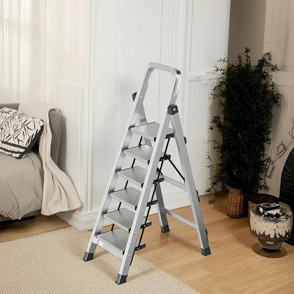 GROVIA 5/6/7/8-Step Slim - 18cm Design, Pedal, Non-Slip Aluminium Folding Feet Ladder Anti-Slip 6cm Wide Silver