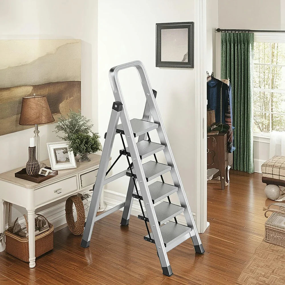 GROVIA 5/6/7/8-Step Slim - 18cm Design, Pedal, Non-Slip Aluminium Folding Feet Ladder Anti-Slip 6cm Wide Silver