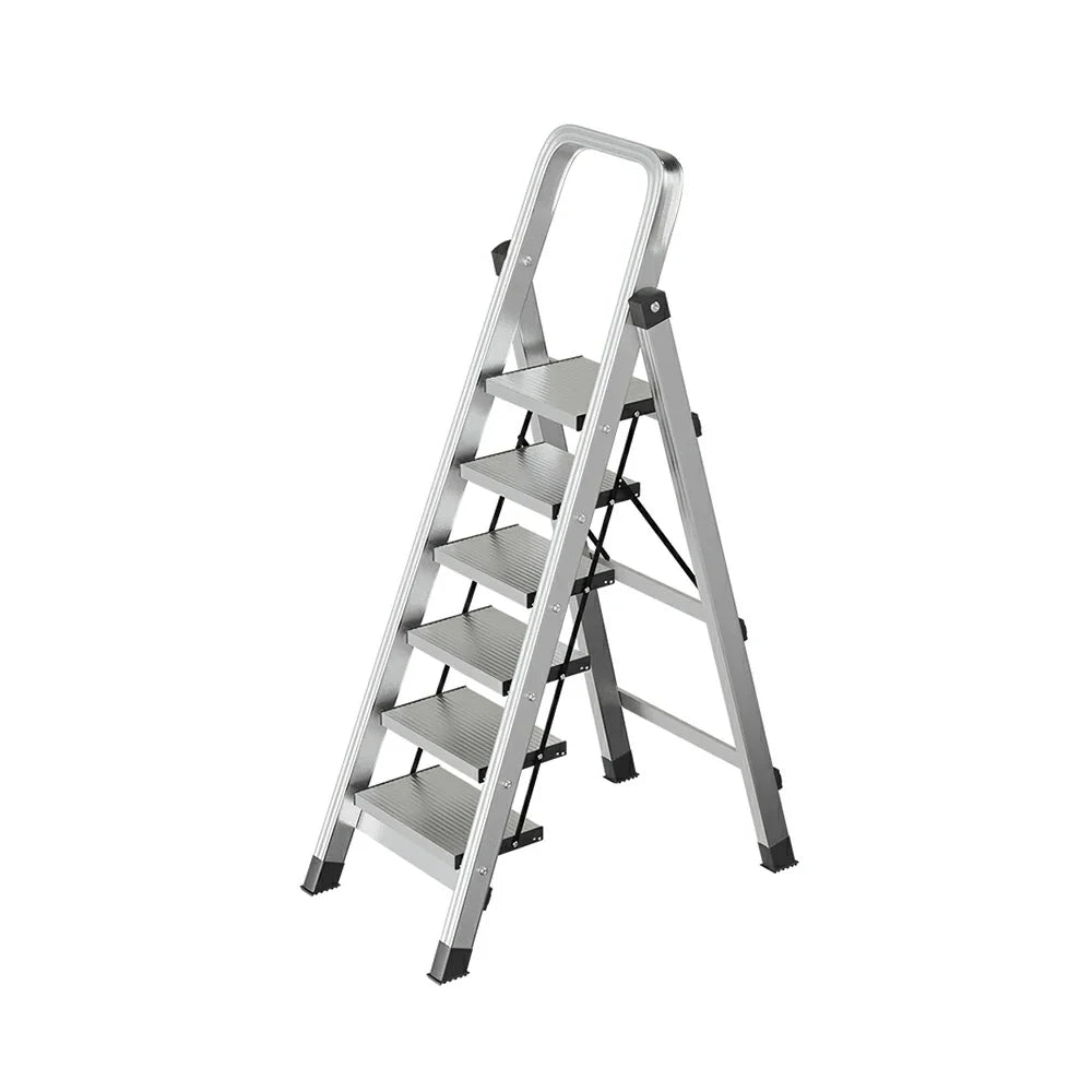 GROVIA 5/6/7/8-Step Slim - 18cm Design, Pedal, Non-Slip Aluminium Folding Feet Ladder Anti-Slip 6cm Wide Silver