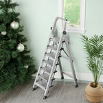 GROVIA 5/6/7/8-Step Slim - 18cm Design, Pedal, Non-Slip Aluminium Folding Feet Ladder Anti-Slip 6cm Wide Silver