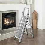 GROVIA 5/6/7/8-Step Slim - 18cm Design, Pedal, Non-Slip Aluminium Folding Feet Ladder Anti-Slip 6cm Wide Silver