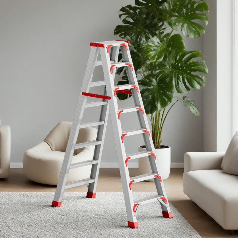 GROVIA 7/8/10-Step 15cm Ladder Wide Feet Aluminium Anti-Slip Pedal, 14.5cm Thick, - Folding Red