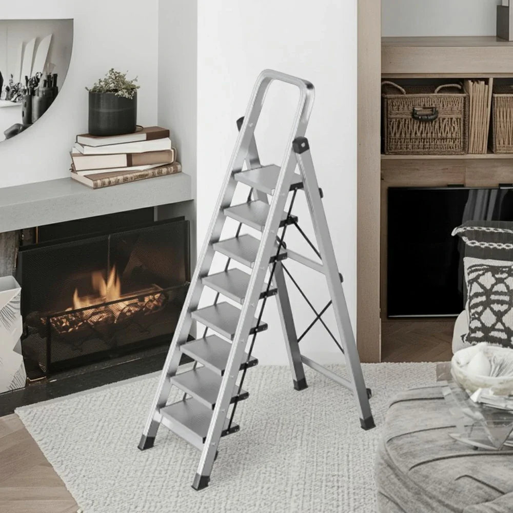 GROVIA 5/6/7/8-Step Slim - 18cm Design, Pedal, Non-Slip Aluminium Folding Feet Ladder Anti-Slip 6cm Wide Silver