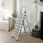 GROVIA 5/6/7/8-Step Slim - 18cm Design, Pedal, Non-Slip Aluminium Folding Feet Ladder Anti-Slip 6cm Wide Silver