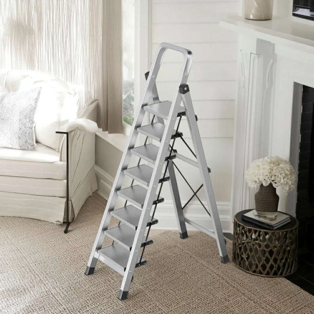 GROVIA 5/6/7/8-Step Slim - 18cm Design, Pedal, Non-Slip Aluminium Folding Feet Ladder Anti-Slip 6cm Wide Silver