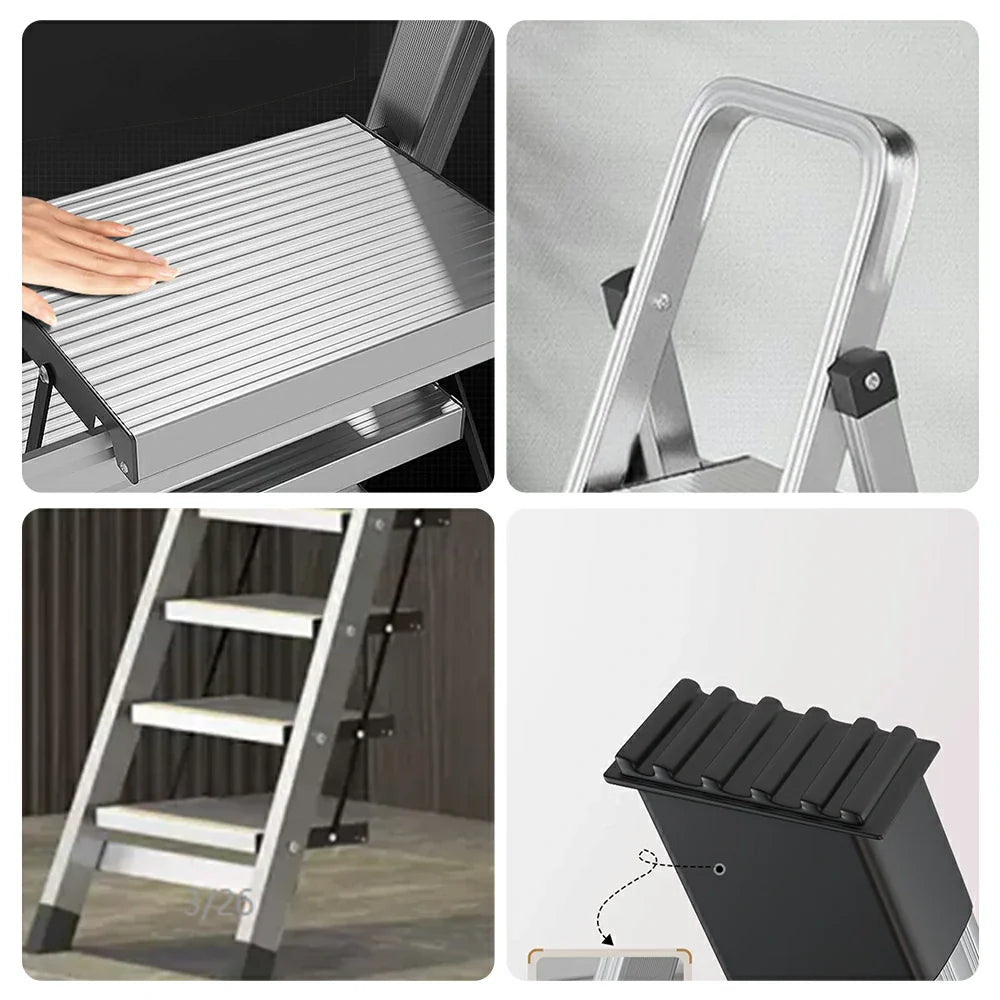 GROVIA 9/10/11/12-Step Feet 6cm Anti-Slip Folding Non-Slip - 18cm Design, Slim Aluminium - Pedal, Wide Ladder Silver