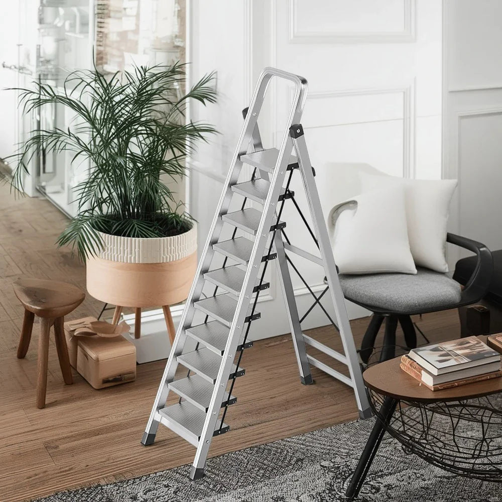 GROVIA 9/10/11/12-Step Feet 6cm Anti-Slip Folding Non-Slip - 18cm Design, Slim Aluminium - Pedal, Wide Ladder Silver