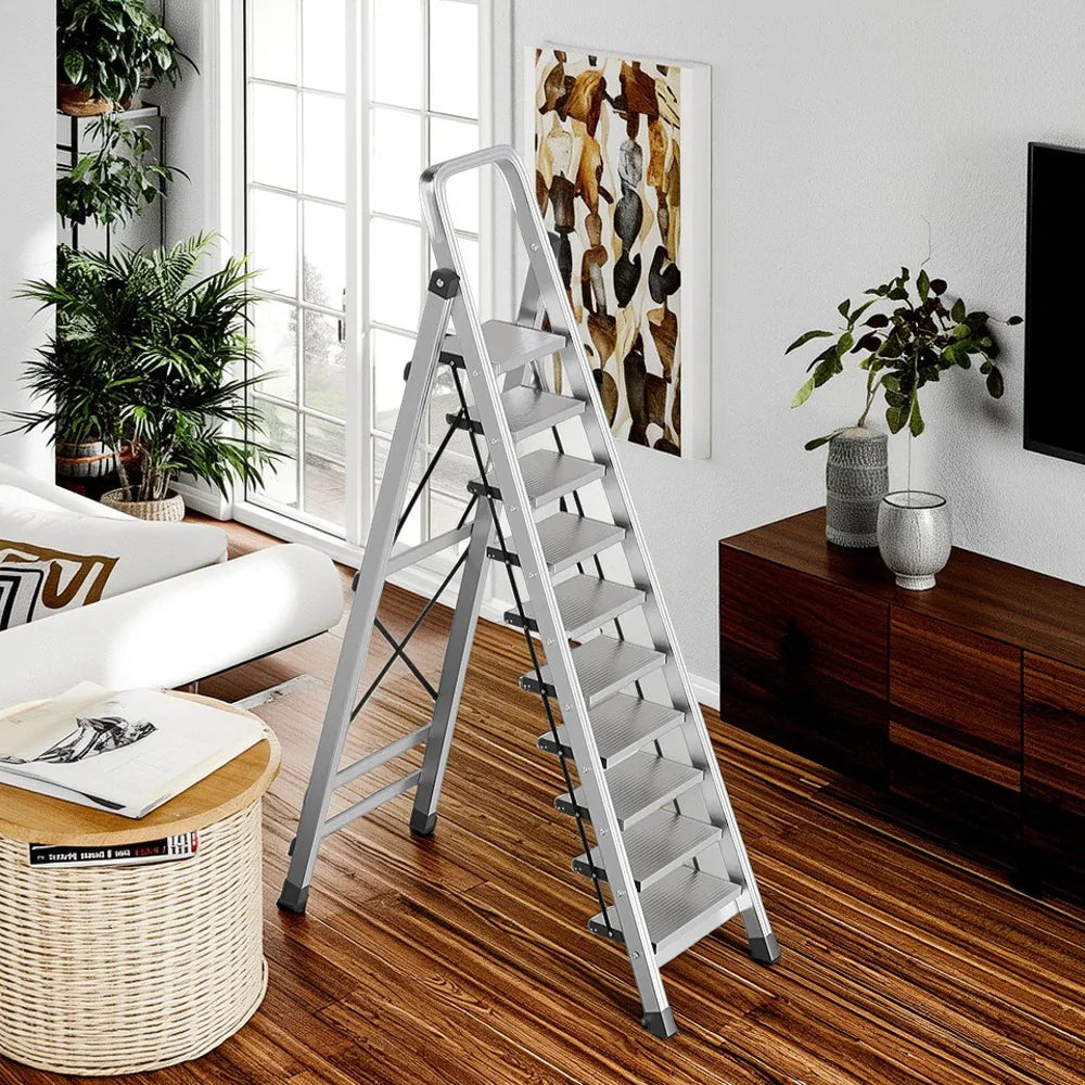 GROVIA 9/10/11/12-Step Feet 6cm Anti-Slip Folding Non-Slip - 18cm Design, Slim Aluminium - Pedal, Wide Ladder Silver
