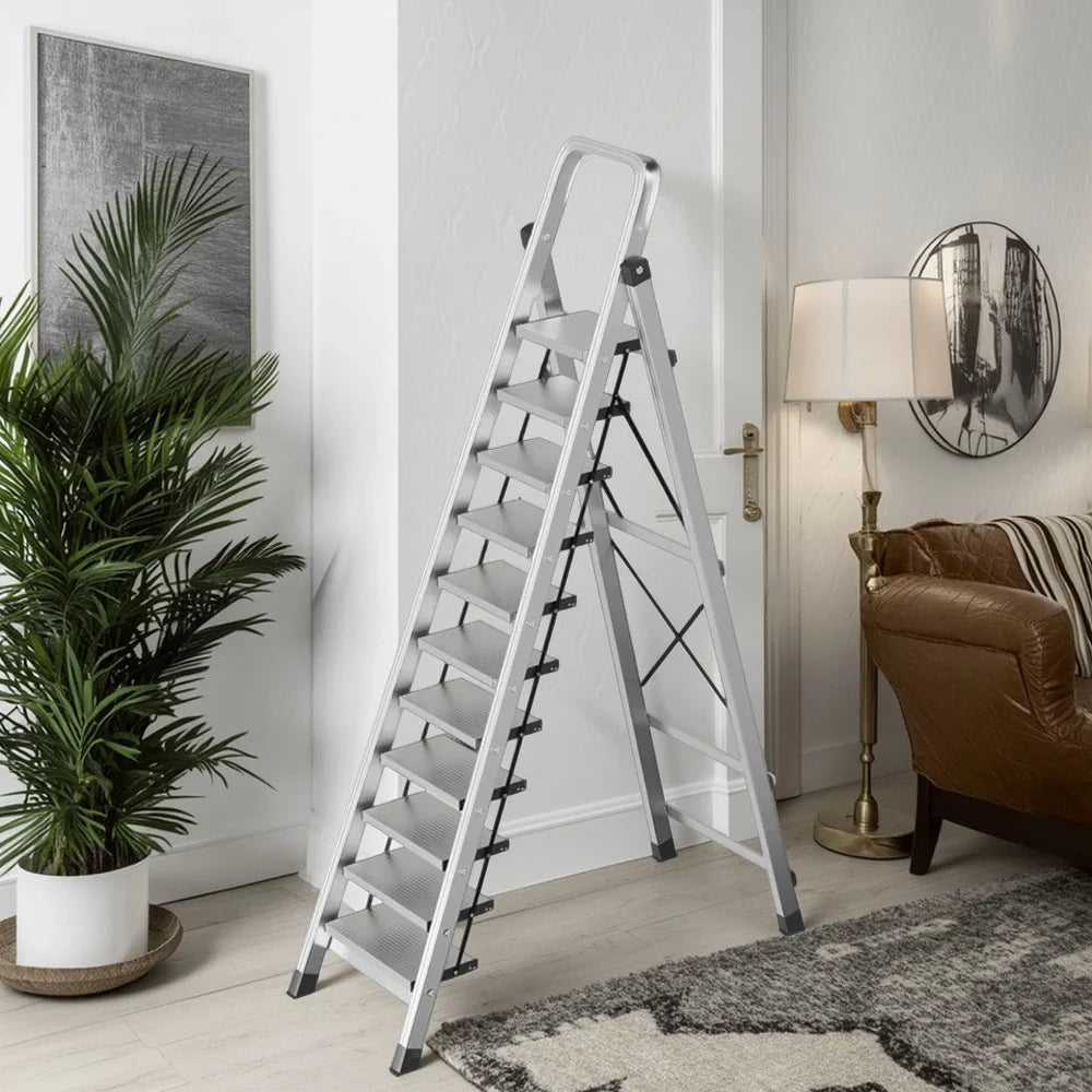 GROVIA 9/10/11/12-Step Feet 6cm Anti-Slip Folding Non-Slip - 18cm Design, Slim Aluminium - Pedal, Wide Ladder Silver