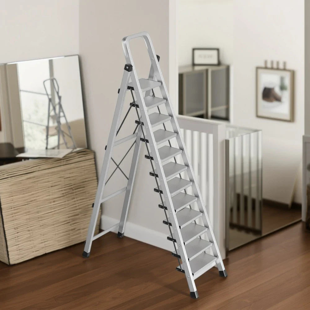 GROVIA 9/10/11/12-Step Feet 6cm Anti-Slip Folding Non-Slip - 18cm Design, Slim Aluminium - Pedal, Wide Ladder Silver