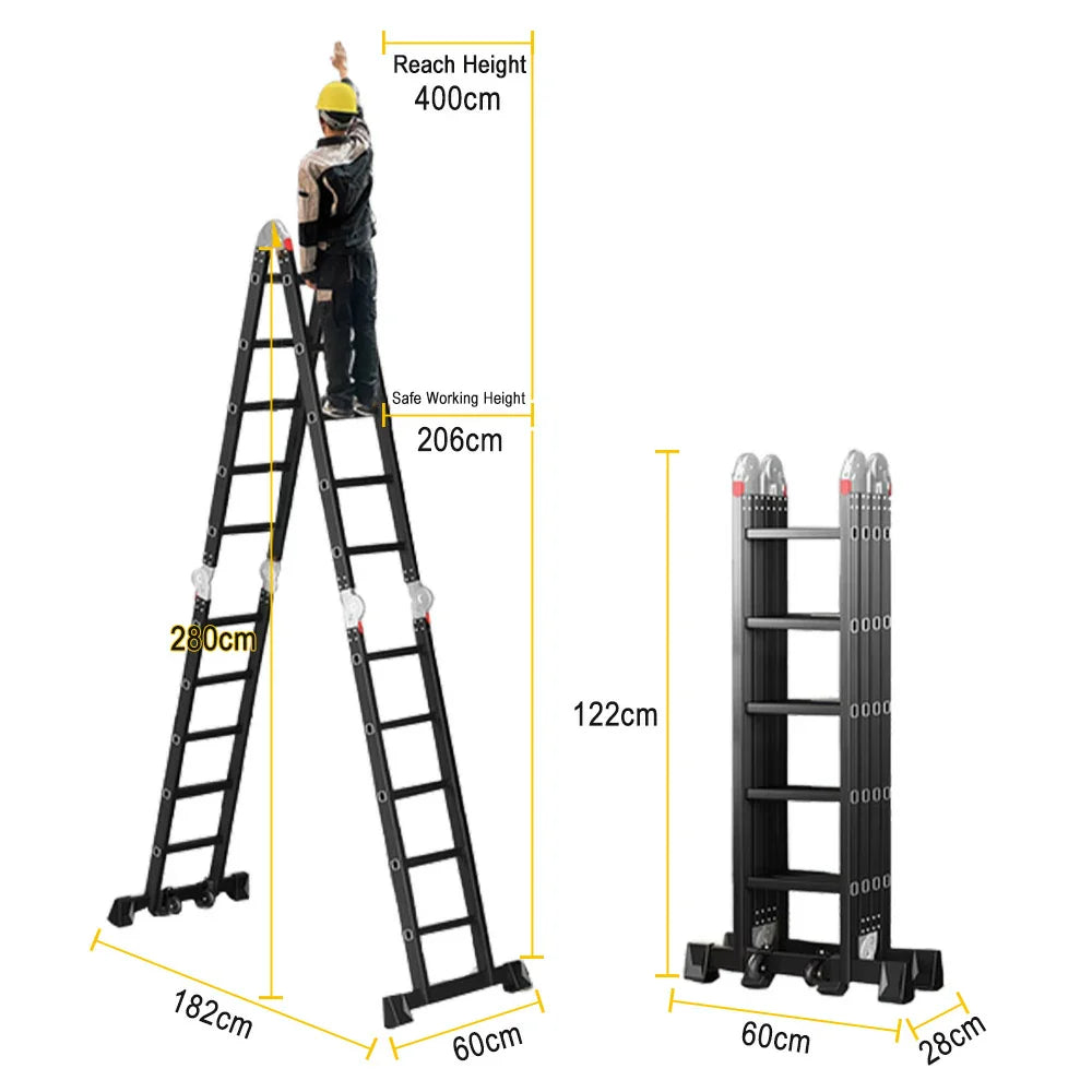 GROVIA 6/8/10 Folding Ladder, Adjustable Base - Heavy-Duty Hinges, Configurations, Anti-Slip Step Multi-Purpose Black