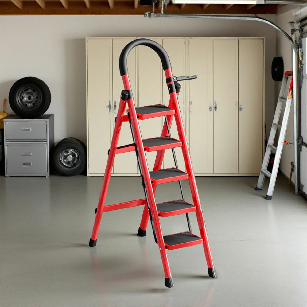 GROVIA 5/6 Aluminum Ladder, Pedals Extra-Wide Step Alloy Lightweight - Red