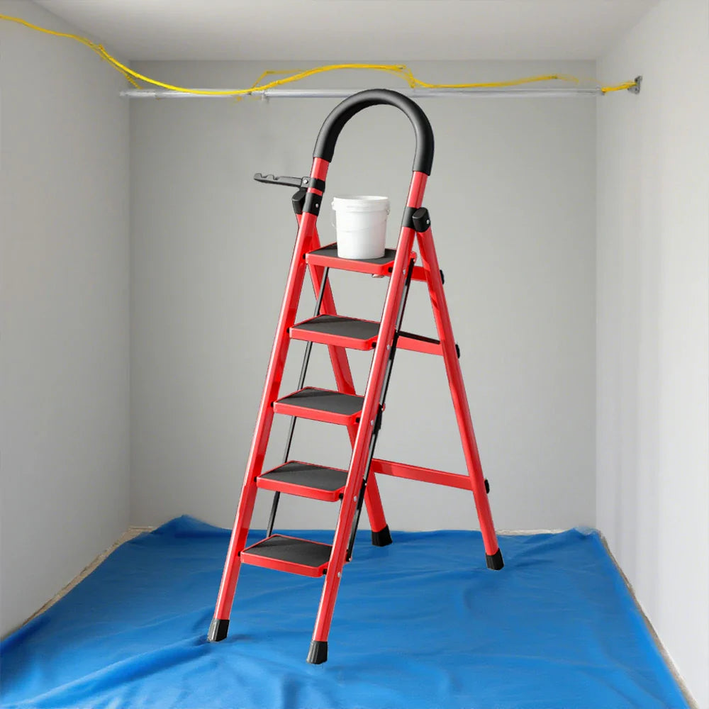GROVIA 5/6 Aluminum Ladder, Pedals Extra-Wide Step Alloy Lightweight - Red