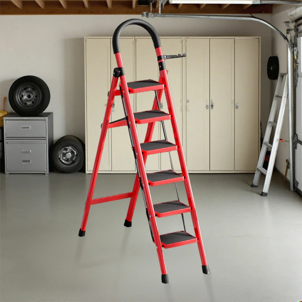 GROVIA 5/6 Aluminum Ladder, Pedals Extra-Wide Step Alloy Lightweight - Red