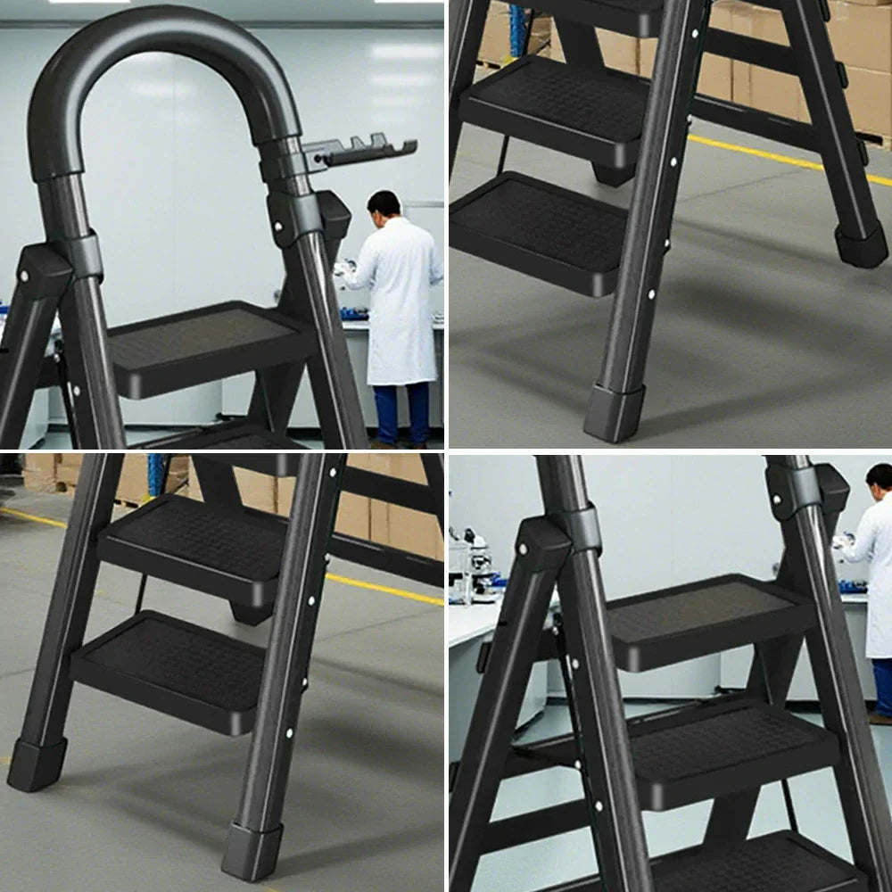 GROVIA 4/5/6 27cm Tray, Folding Anti-Slip Pedals, Design Tool - Carbon Step Feet, Heavy-Duty Extra-Wide Ladder, Alloy Steel Black